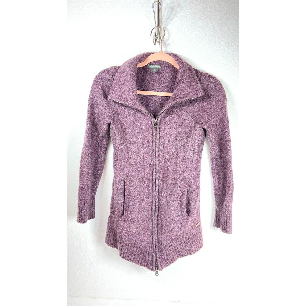 Eddie Bauer Womens Wool Heather Purple Zip-Up Sweater Jacket Knit with Pockets S
